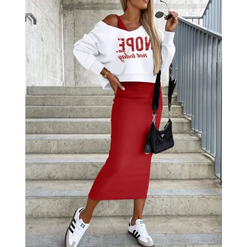 "NOPE NOT TODAY"/Colorblock Plaid/Solid Color Off-the-Shoulder Long Batwing Sleeve Sweatshirt + Skinny Knitted Maxi Skirt 2-Piece Set