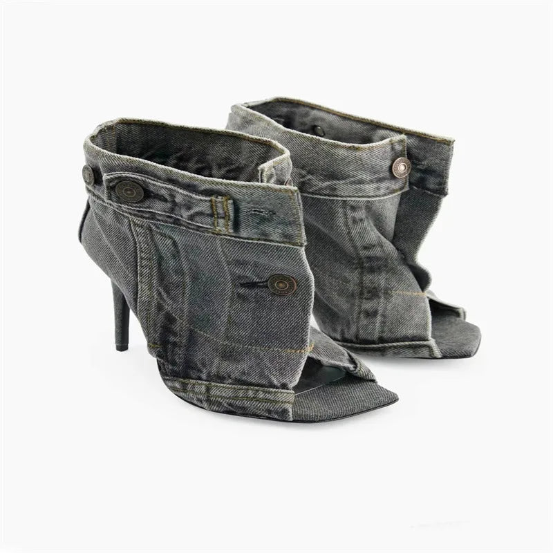 Peep Toe Faded Black Rivet Button Design Square Toe Short Women's Ankle Jean Boots