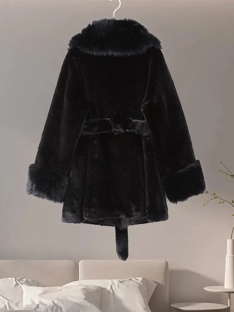 Vintage Solid Color Women's Luxury Faux Fur Oversized Collar Long Sleeve Coat w/ Sash Belt