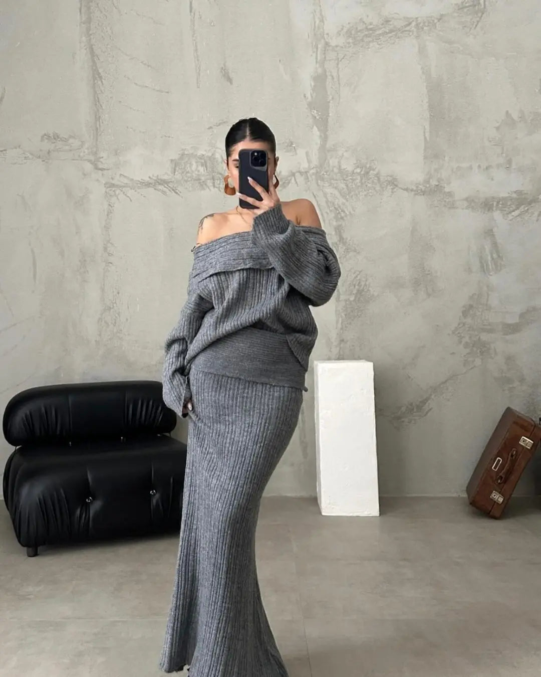 Off-the-Shoulder Women's Sweater + Solid Knitted Maxi Skirt Two-Piece Sweater Set