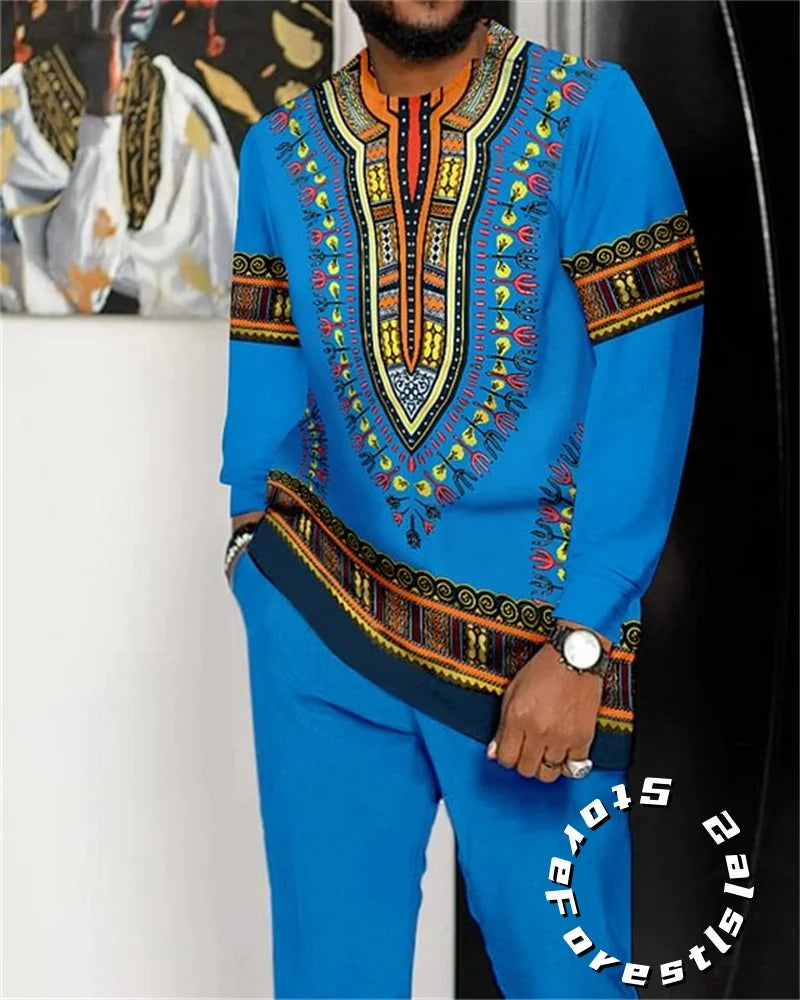 Men's O-Neck Colorblock Striped/African Print Long Sleeve Dress Shirt + Pants 2-Piece Suit to 4X Big & Tall