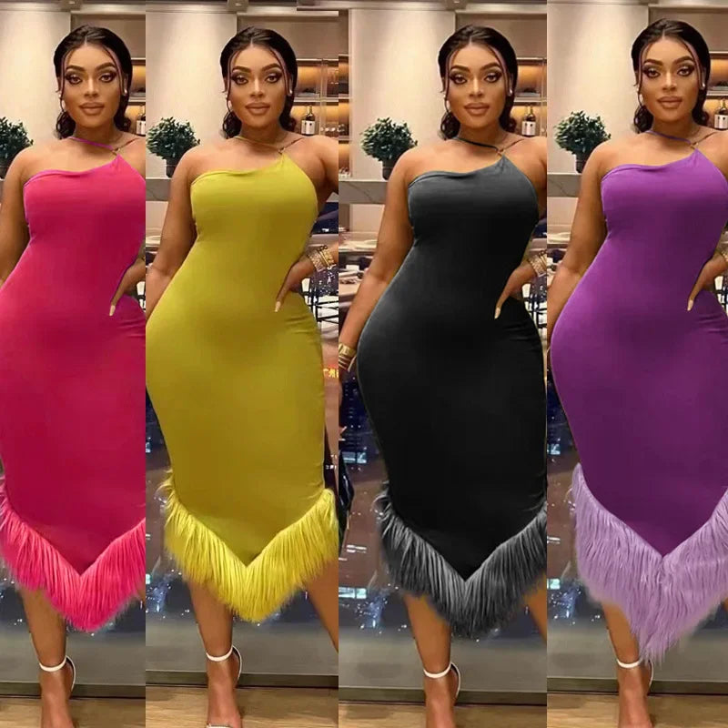Asymmetrical One Shoulder Triangular Faux Feather Hem Sleeveless Solid Color Party Formal Dress