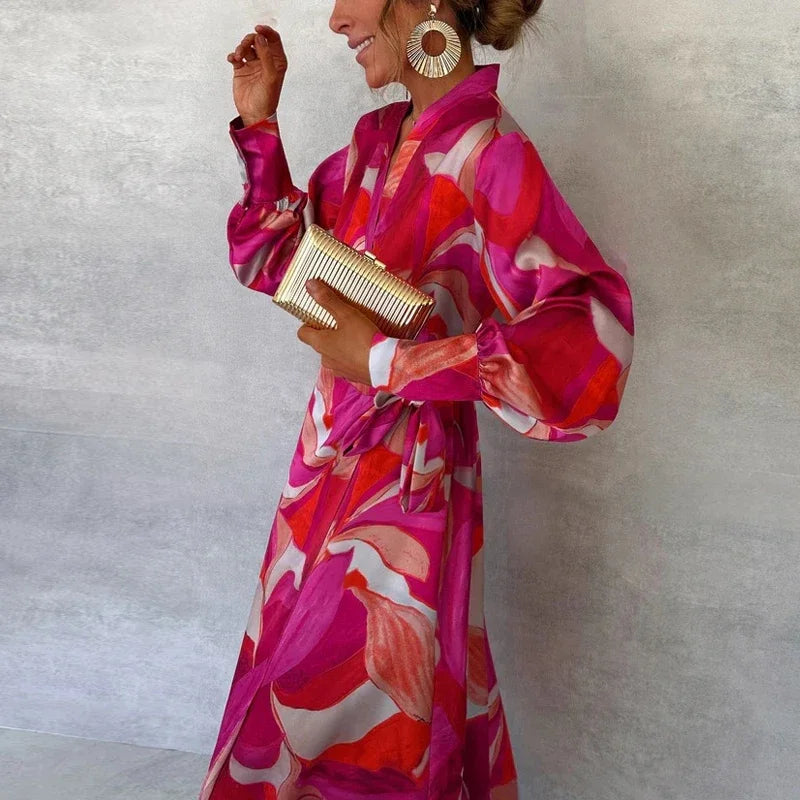 Ruffled Floral Print Puff Long Sleeve Turn-Down Collar Maxi Dress