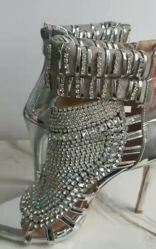 Glitter Crystal Stiletto Rhinestone Peep Hollow Sandal Ankle Boots