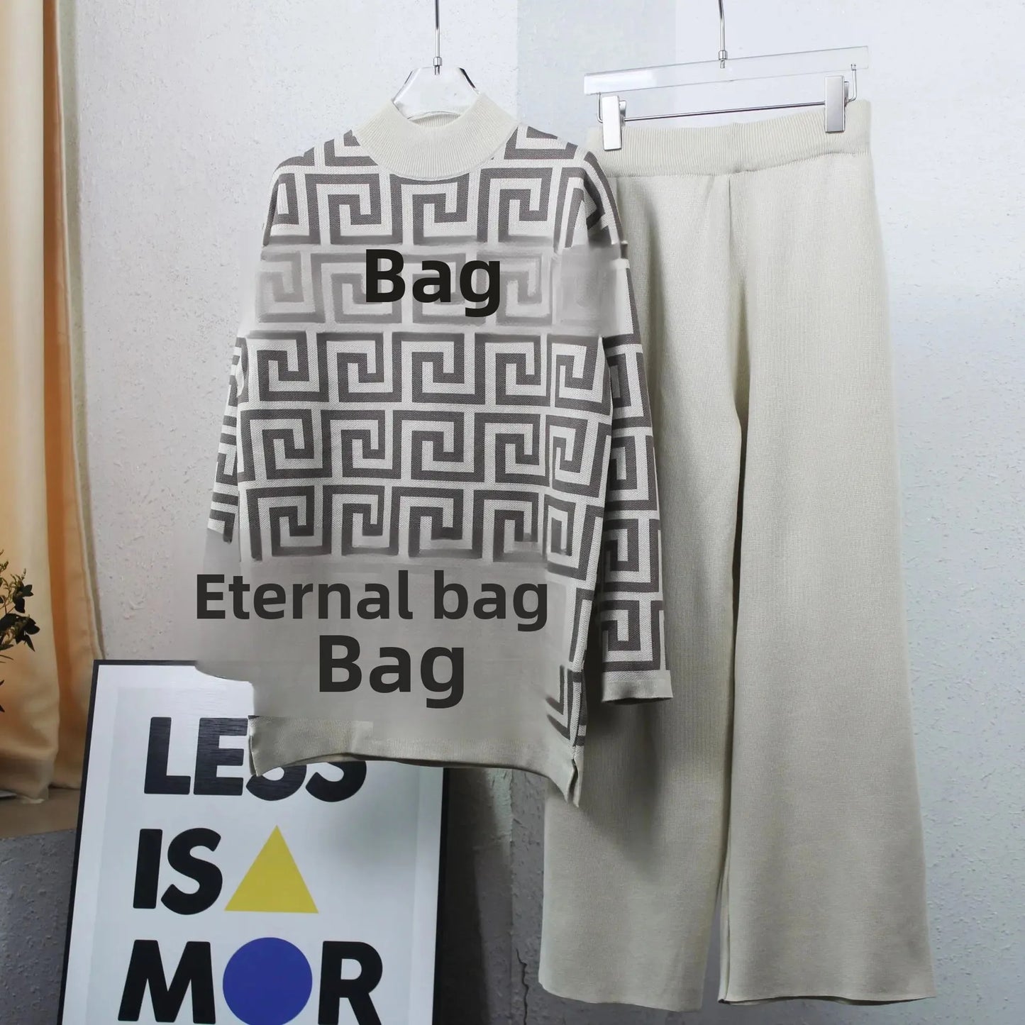 Geometric Colorblock High Collar Sweater + Wide Leg Pants Women's 2-Piece Set