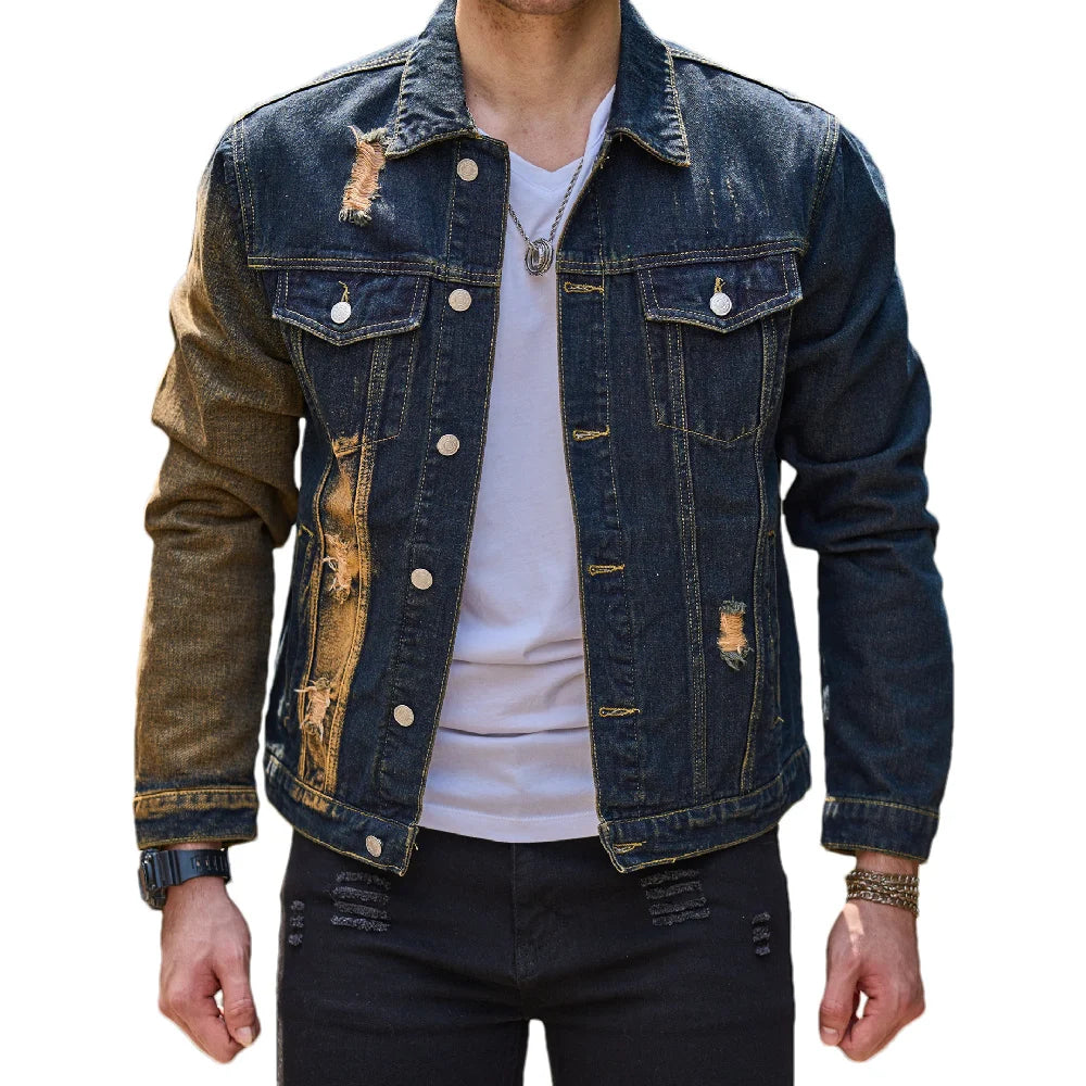 Men's Denim Irregular Colorblock Print Streetwear Ripped Hole Design Distressed Skinny Jean Jacket