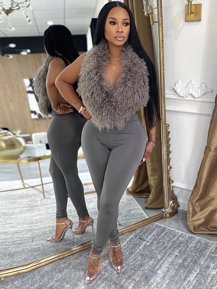 Sleeveless Faux Fur Tassel Lace-Up Halter Women's V-Neck Backless Vest + Elastic Leggings 2-Piece Set