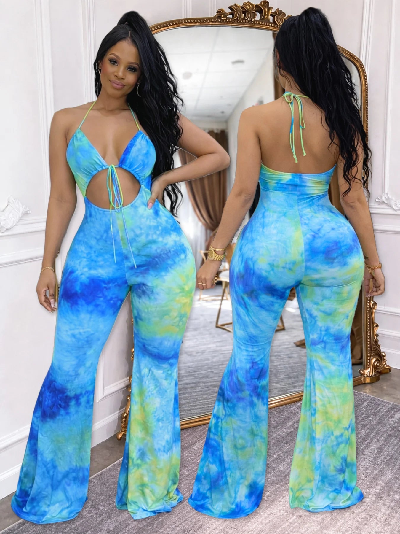 Tie-Dye Colorblock Print Sleeveless Hollow-Out Cami Top Lace-Up Women's Flared Leg Jumpsuit