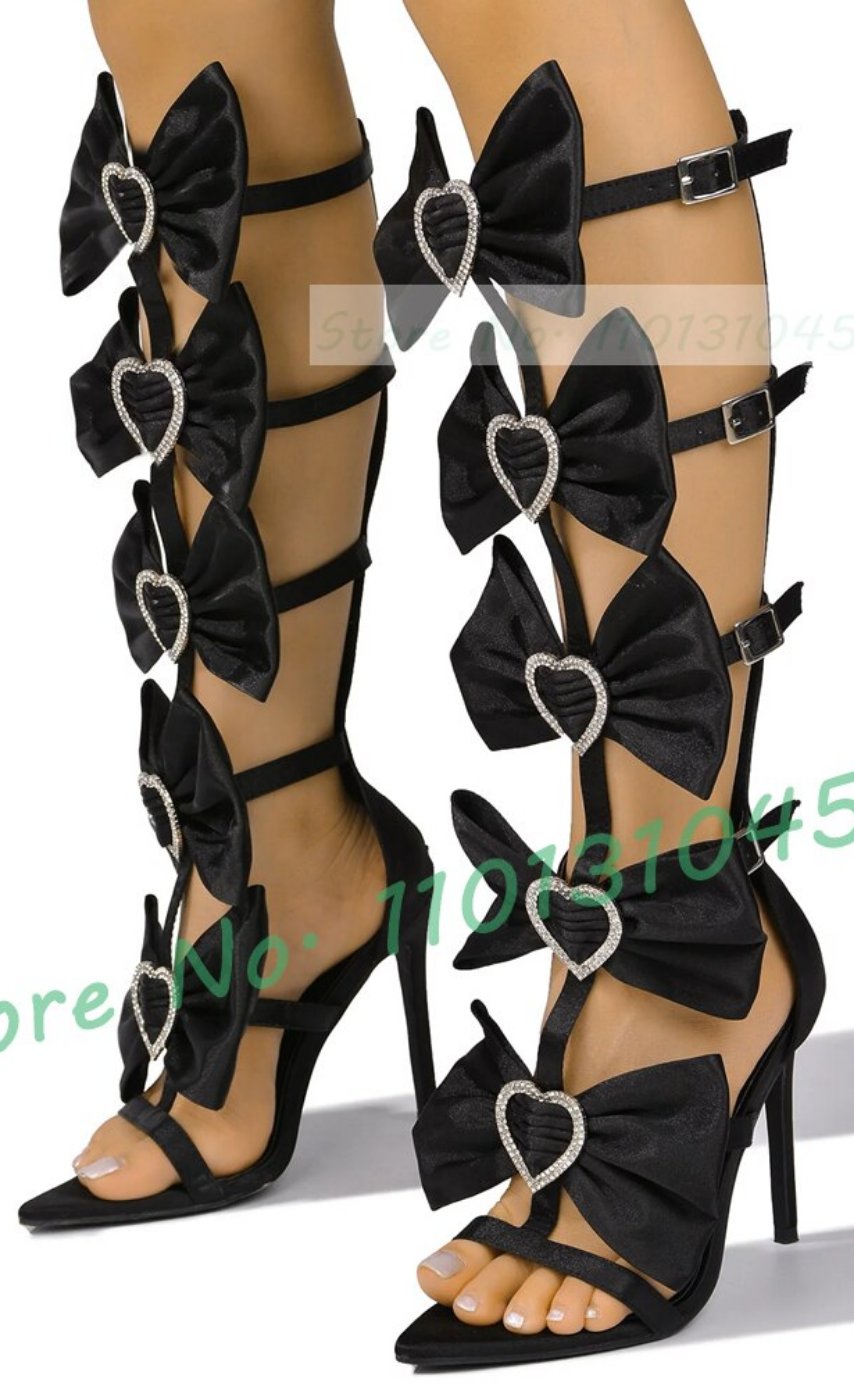 Heart Crystal Bow Strap High Heel Satin Open Toe Sandals