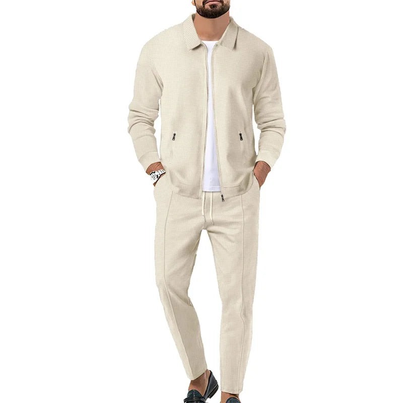 Men’s Long Sleeve Waffle Print Zipper Jacket + Drawstring Pants 2-Piece Set