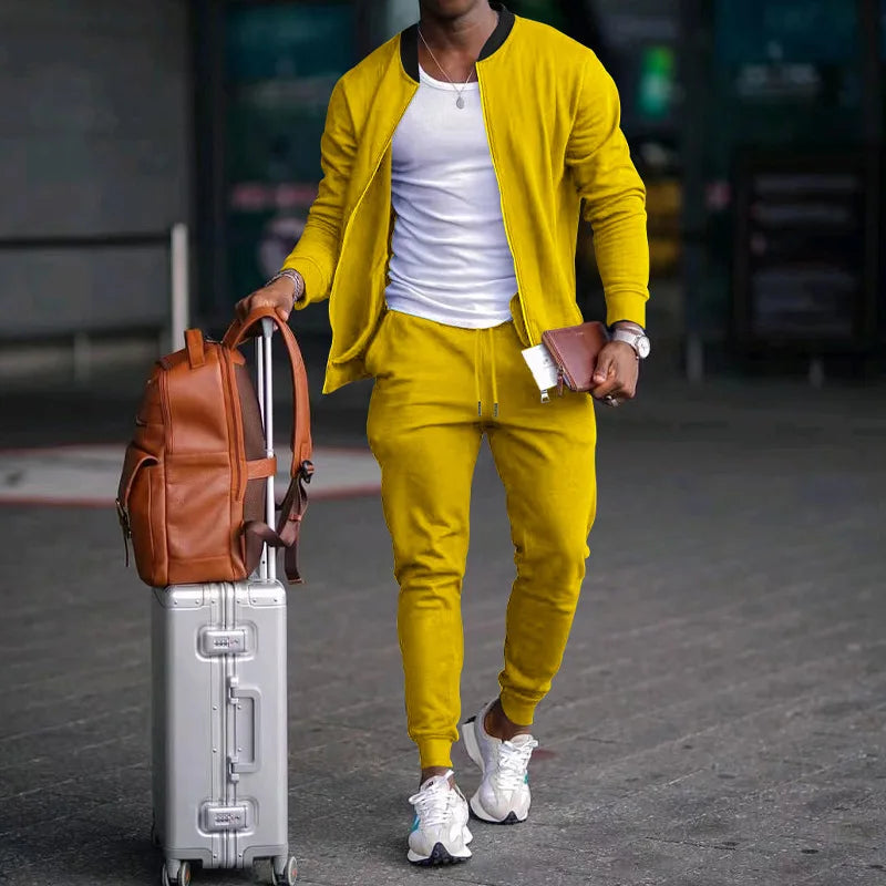 Men's O-Neck Colorblock Bomber Sweat Jacket + Drawstring Jogger Sweatpants Tracksuit