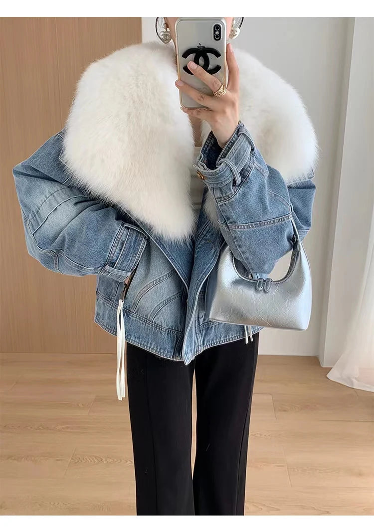 Denim Oversized 100% Real Fox Fur Collar Short Women's Goose Down Puffer Jean Jacket