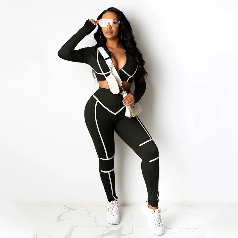 Striped Line Design Women's Cropped Zipper Sports Jacket + Sweatpants Tracksuit