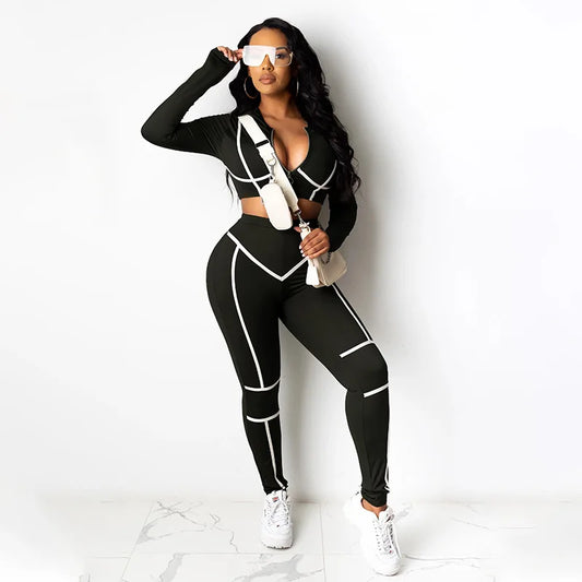 Striped Line Design Women's Cropped Zipper Sports Jacket + Sweatpants Tracksuit