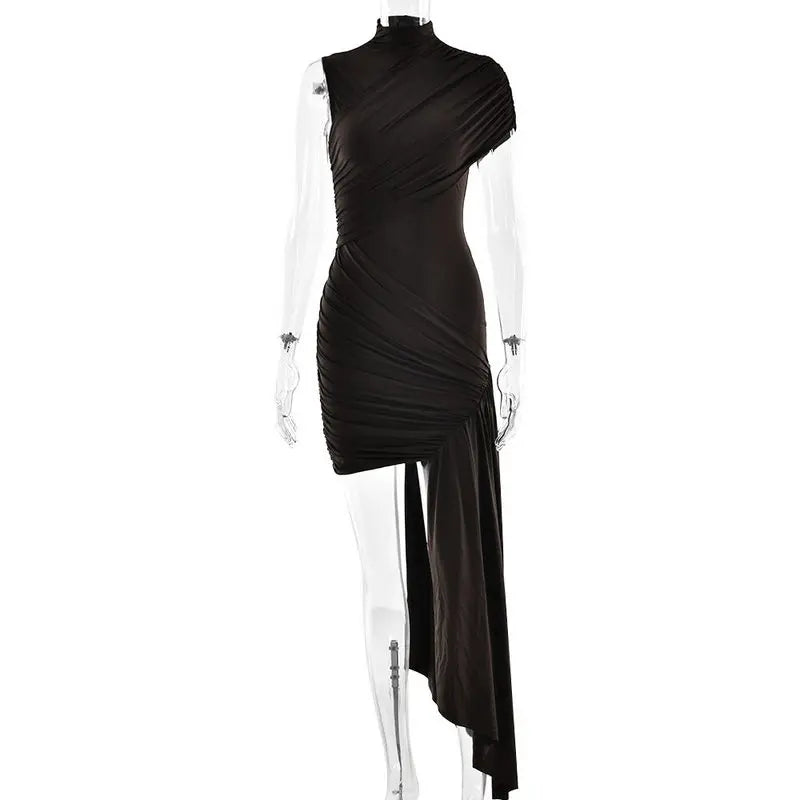 Ruched Asymmetrical Hanging Sash Train Sleeveless Formal Mini Party Dress