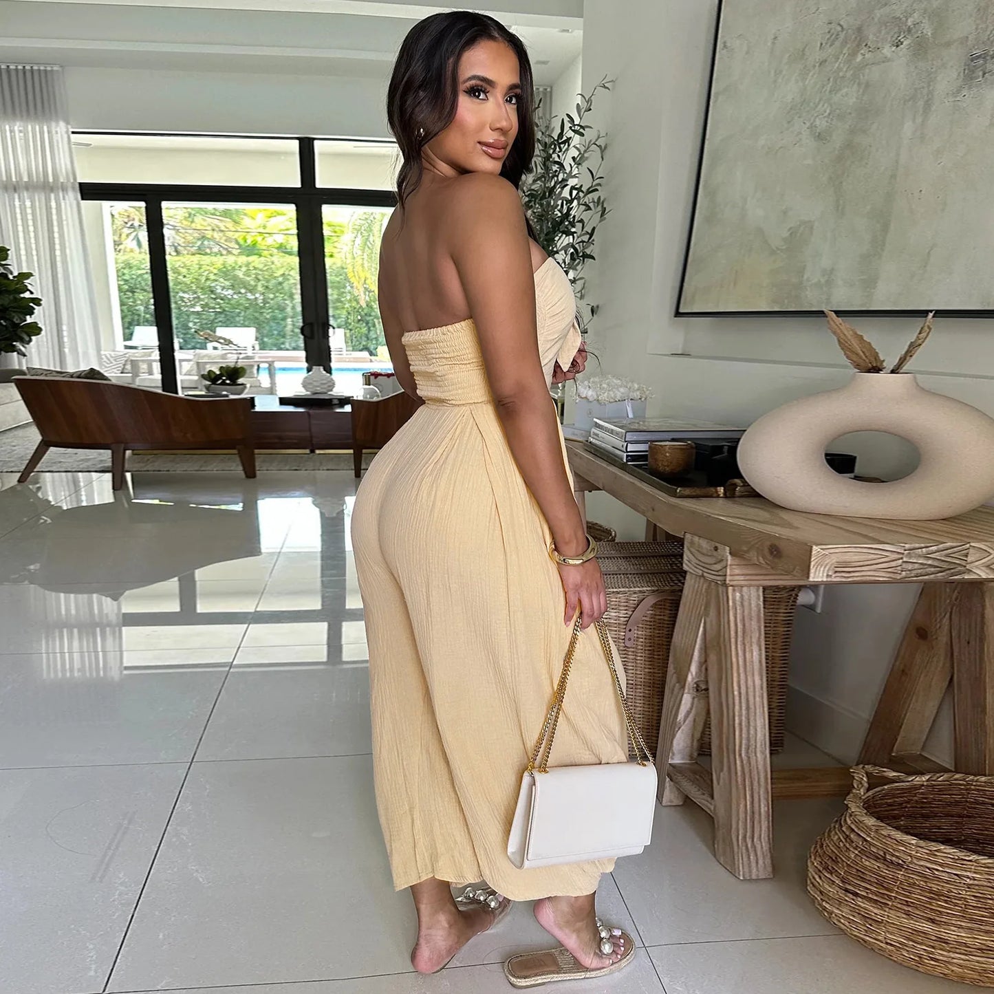 Sleeveless Bowknot Design Solid Color Baggy Tube Top Women's Jumpsuit