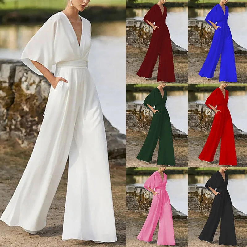 Short Sleeve Deep V-Neck Women's   High Waist Wide Leg Jumpsuit