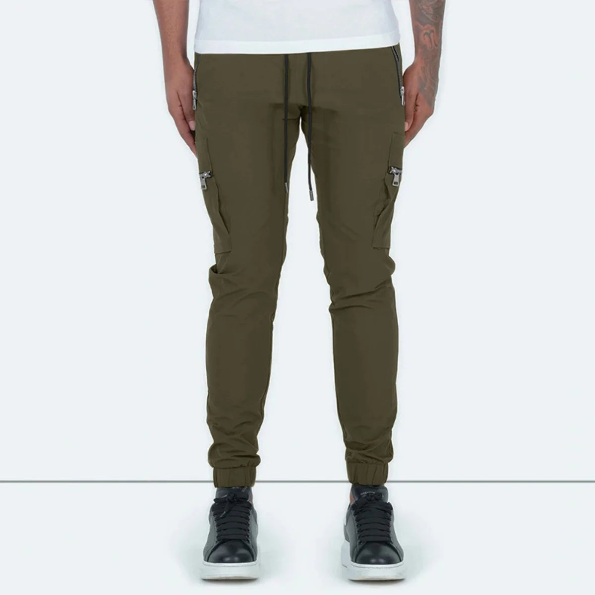 Men's Zipper Pocket Design Drawstring Solid Cargo Pants
