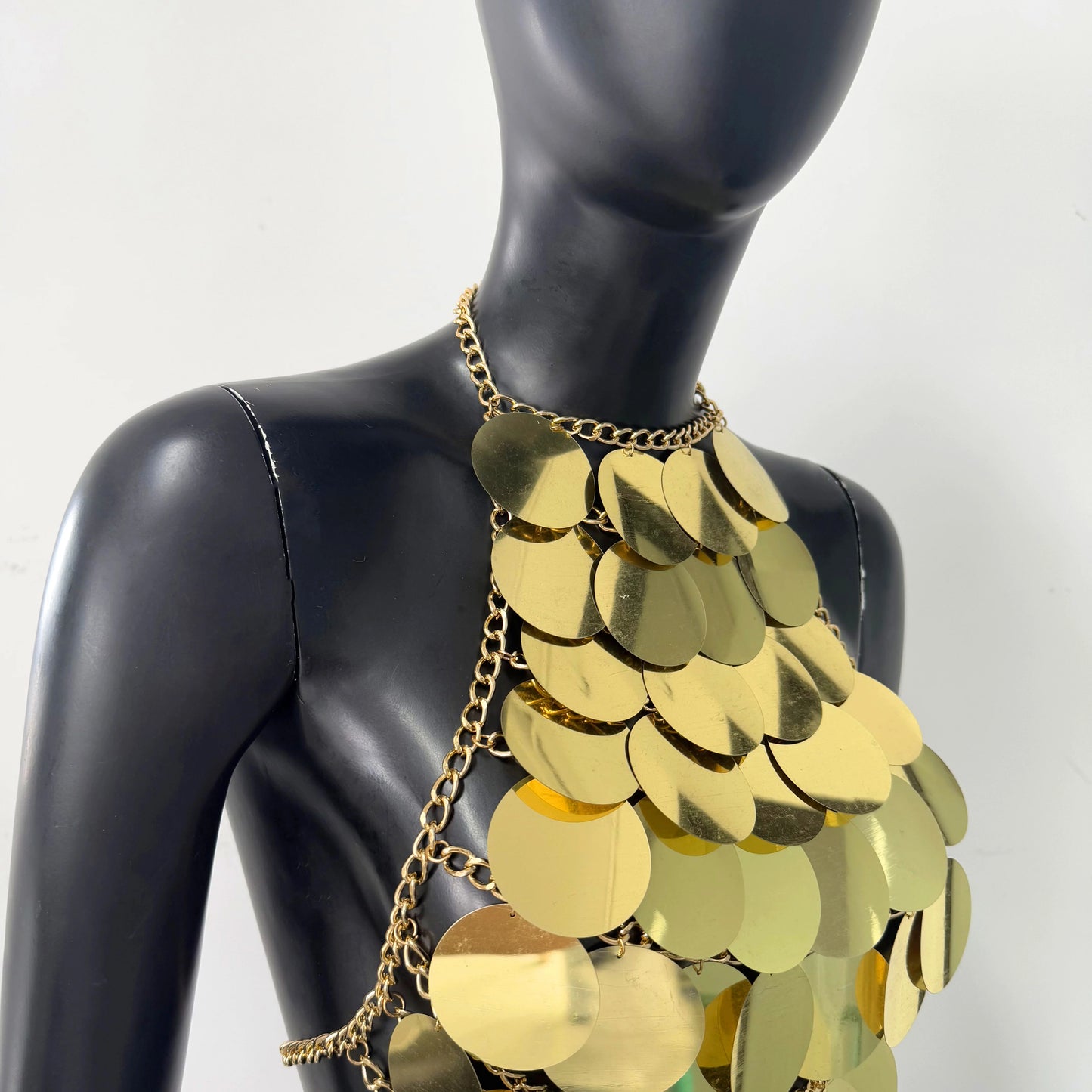 Gold Metallic Circular Sequin Acrylic Design Women's Backless Sleeveless Vest Top
