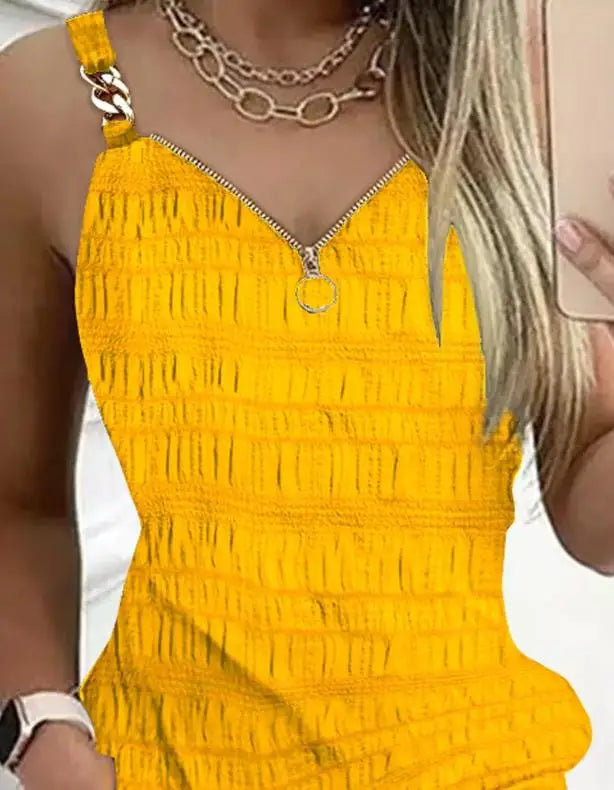 Sleeveless Solid Chain Strap V-Neck Zipper Design Textured Suspender Mini Dress