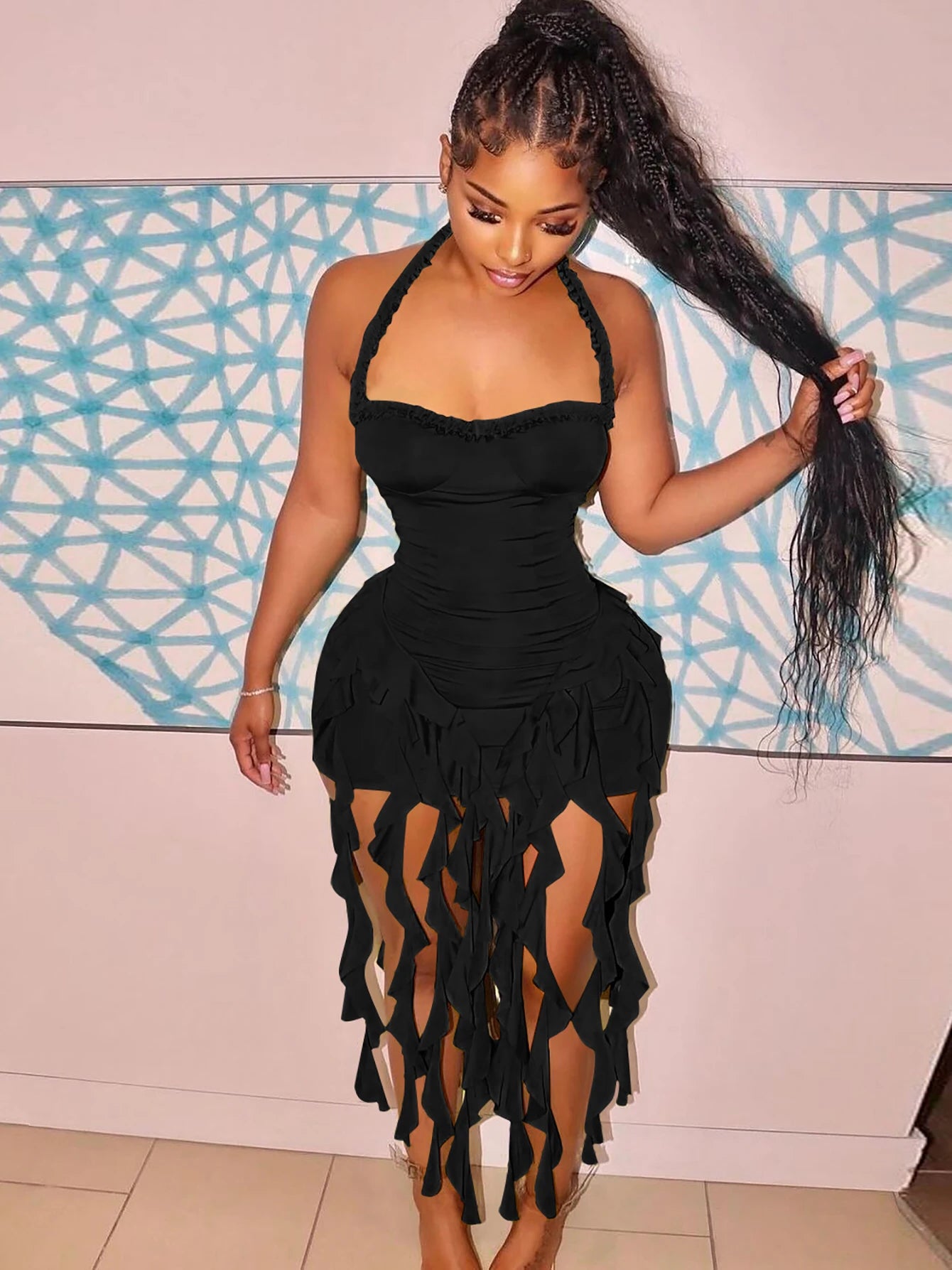 Sleeveless Hanging Tassel Fringe Design Solid Color Tube Dress