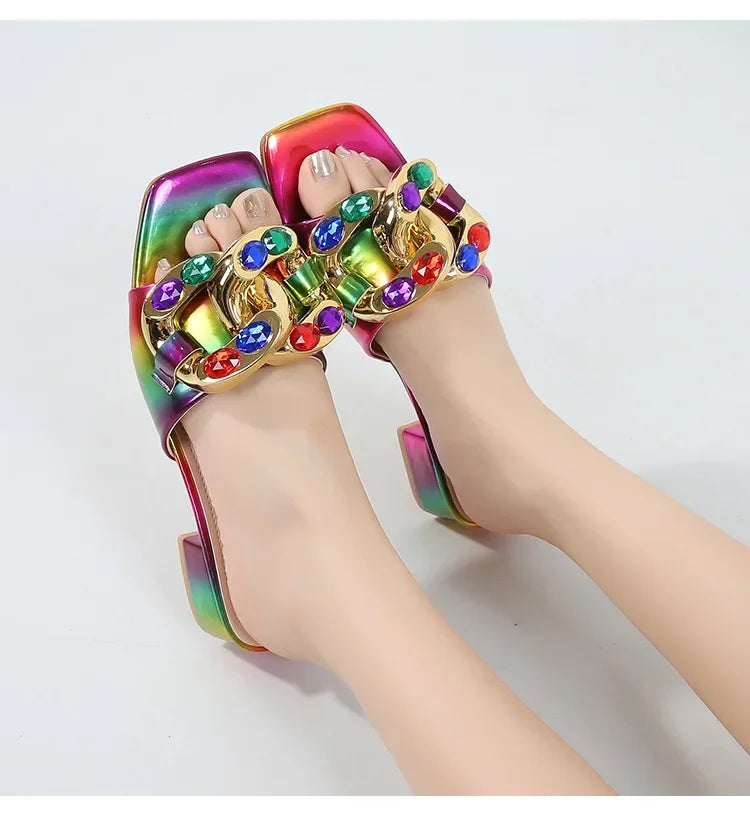 Gold Chain Detail Gradient Ombre Pattern Open Toe Women's Flat Square Heel Sandals