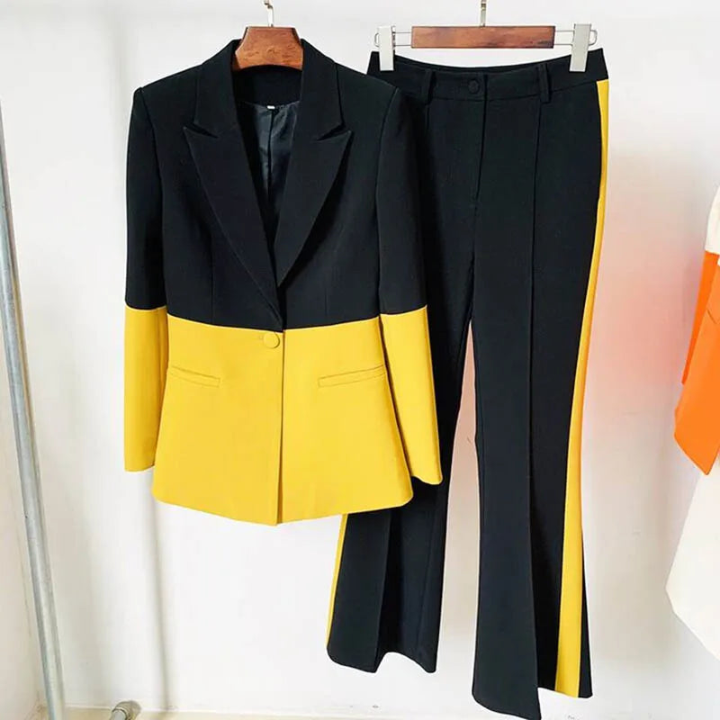 Colorblock Single Breasted Women's Blazer Jacket + Flared Leg Pants Suit