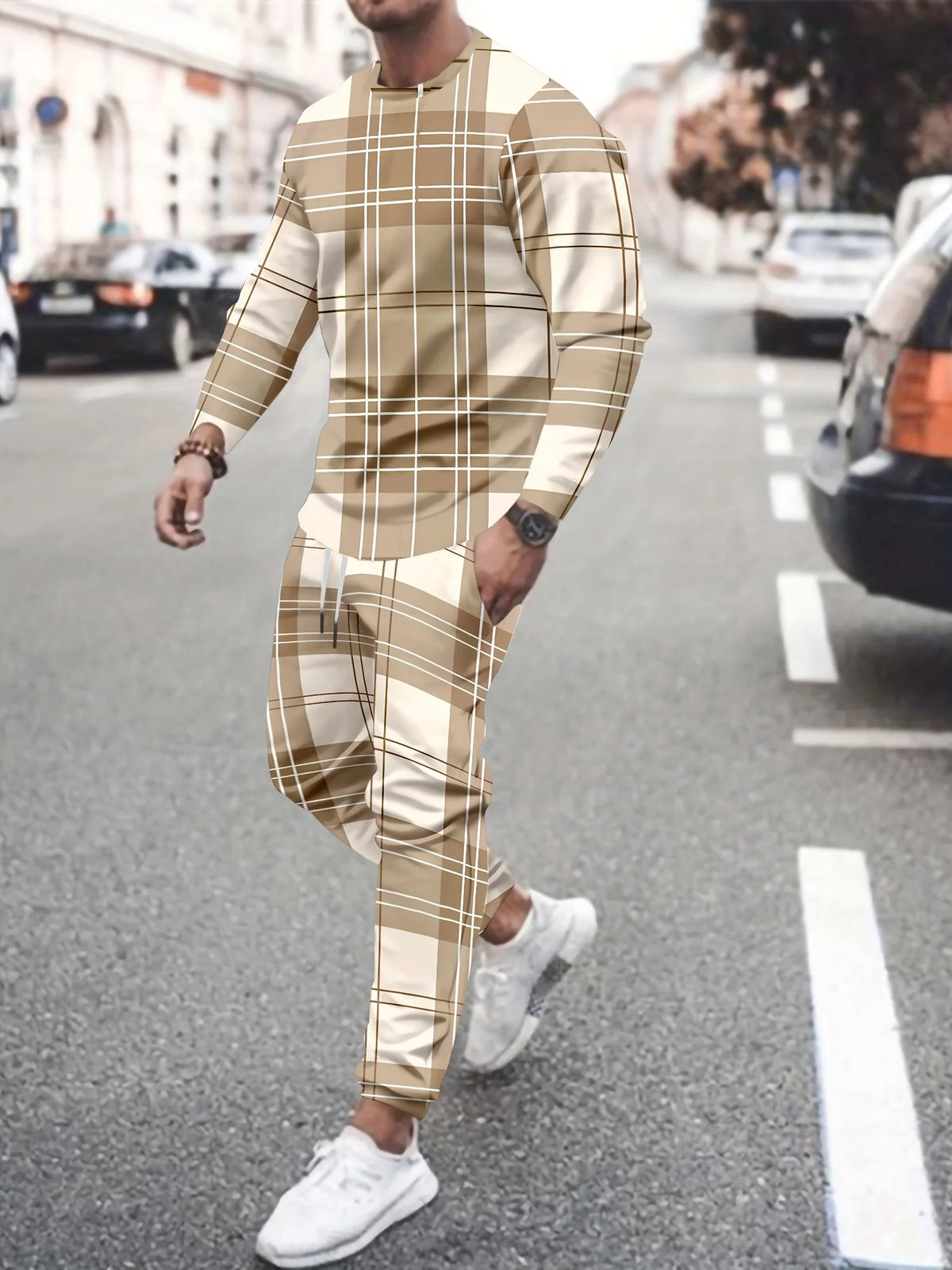 Men's Hip-Hop Rainbow/Gradient/Colorblock/Plaid Checker Print Long Sleeve T-Shirt + Pants Sportswear 2-Piece Set