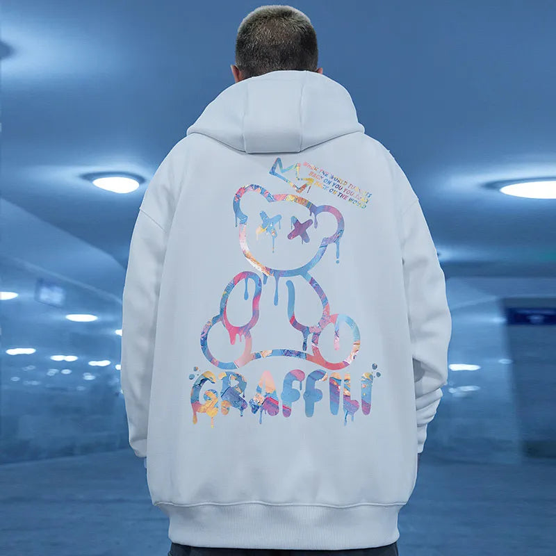 "Graffiti" Bear Print Men's Fleece Hoodie Retro Pullover Hip-Hop Hoodie Sweatshirts