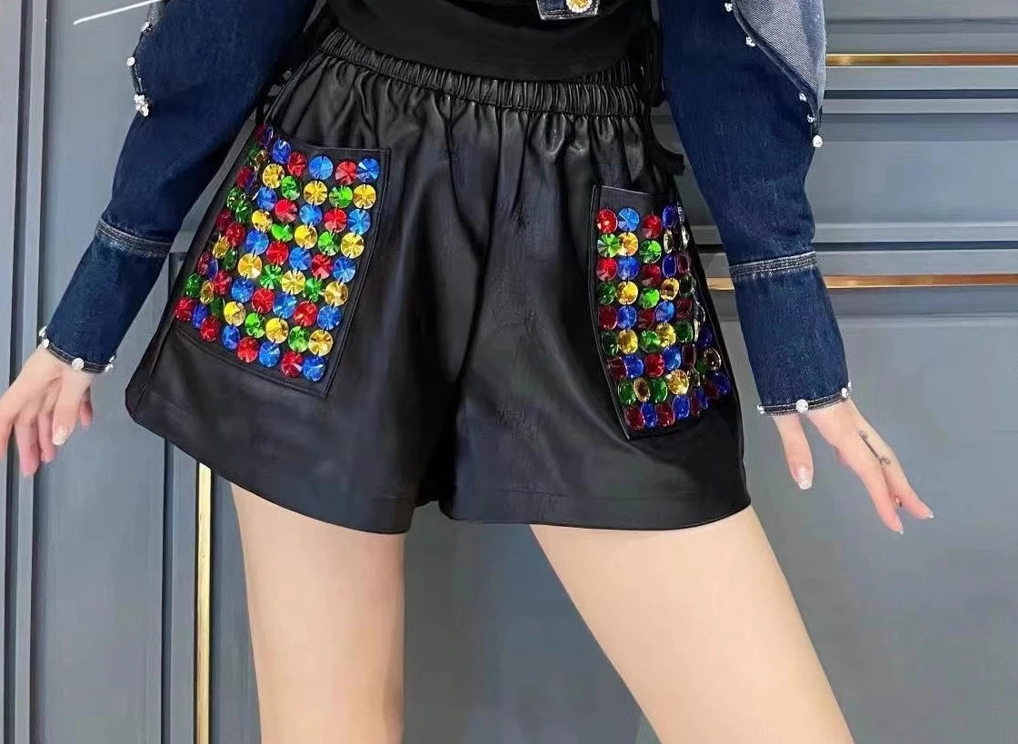 PU Leather Women's Handmade Crystal Gem Rhinestone Embellished Elastic Streetwear Mini Shorts