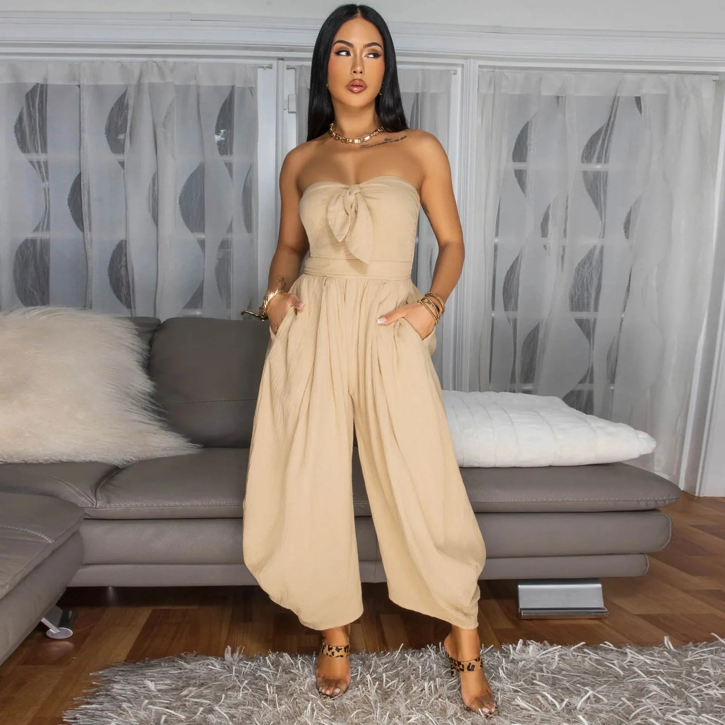 Sleeveless Bowknot Design Solid Color Baggy Tube Top Women's Jumpsuit