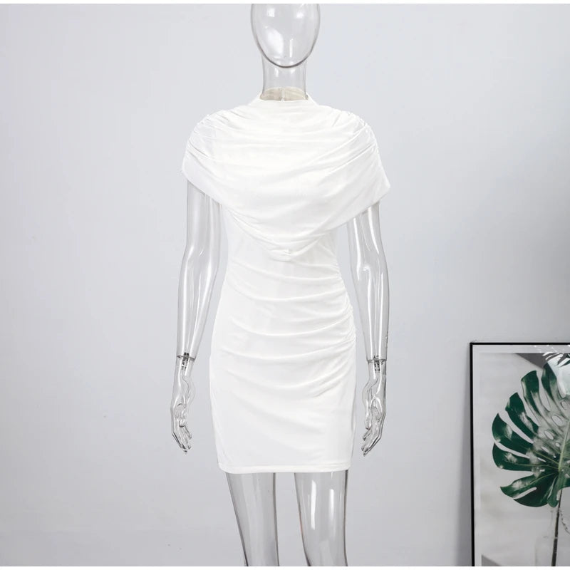 Layered Patchwork Cinched Waist Solid Color Short Sleeve Bodycon Formal Party Dress