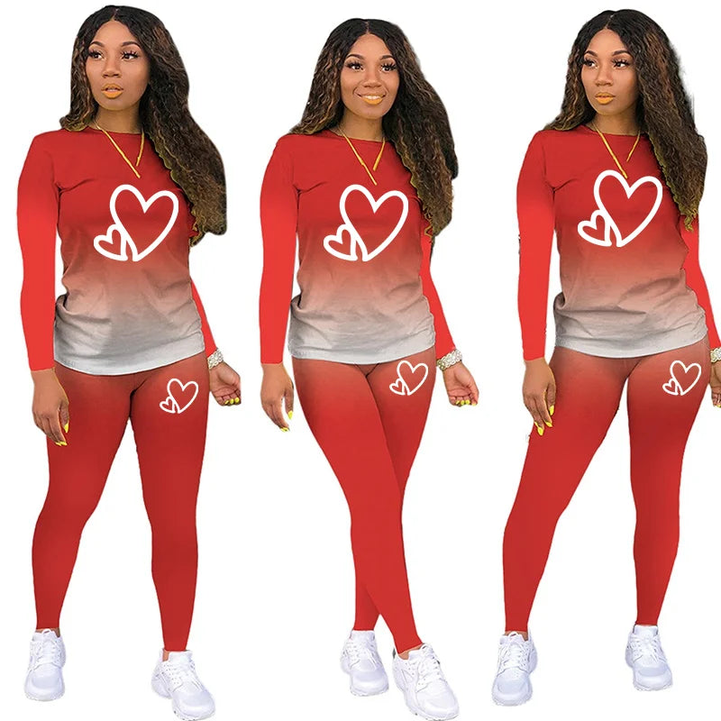 Gradient Colorblock Heart Print + Jogger Women's Sweatpants 2-Piece Set