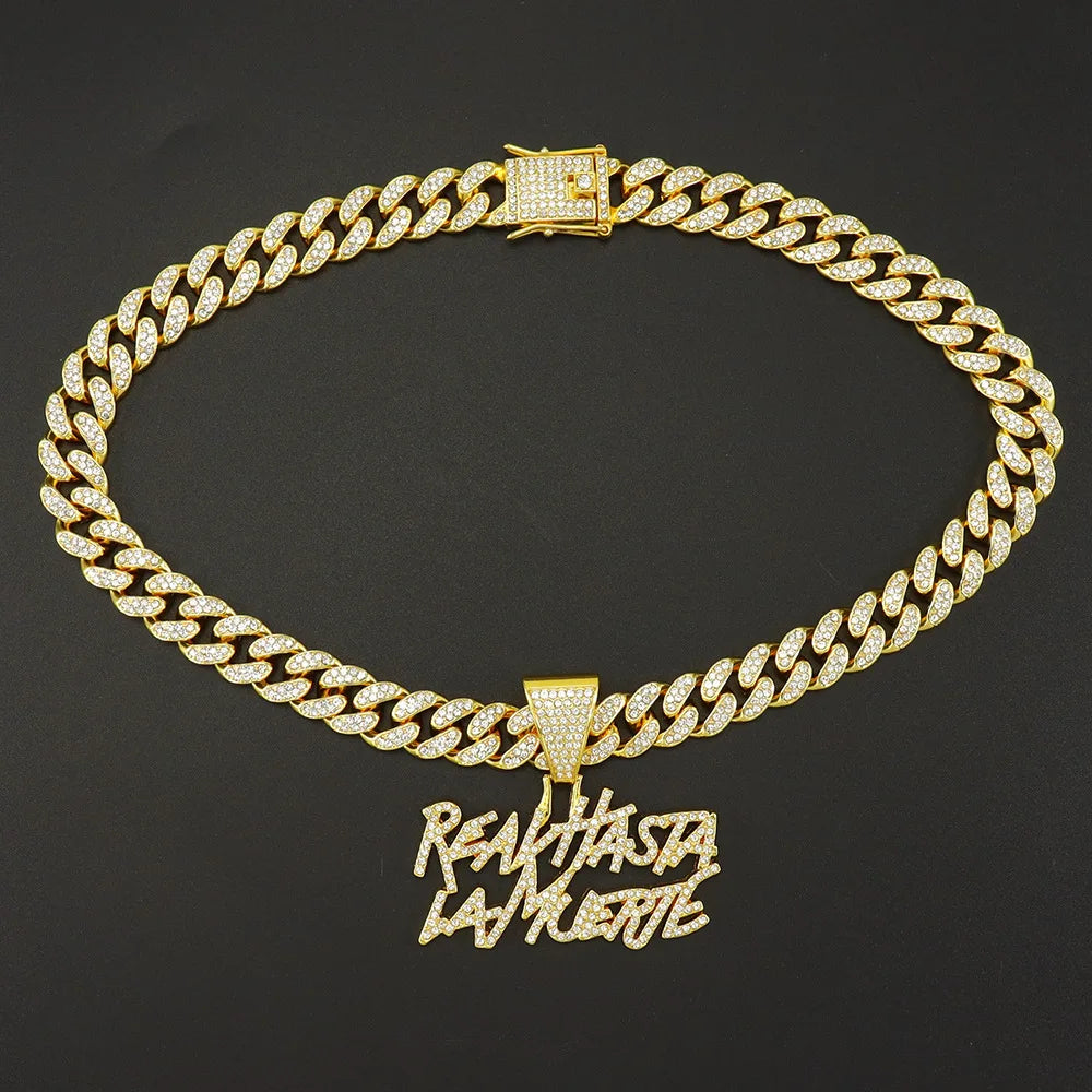 "Real Hasta la Muerte" OR $ Sign Rhinestone Pendant Hip-Hop Letter 13MM Cuban Chain Necklace