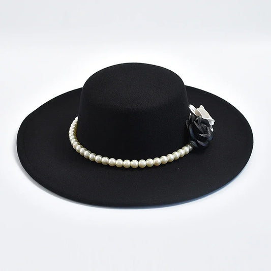 French Rose Flower Pearl Decor Wide Brim Flat Top Felt Derby Fedora Hat