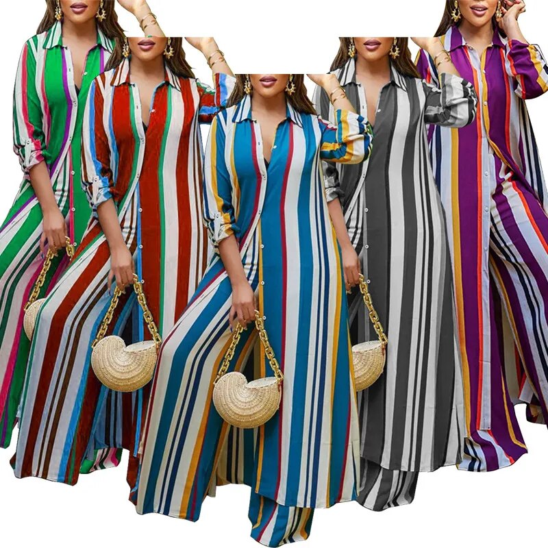 Striped Long Sleeve V-Neck Maxi Blouse + Matching Leggings 2-Piece Set to 5X