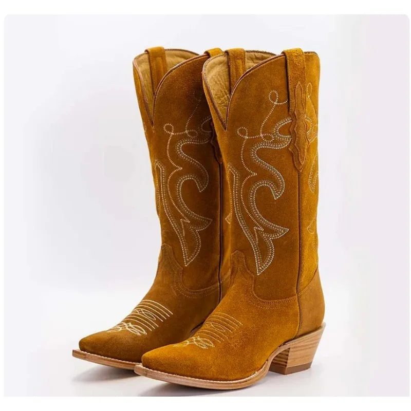 Western Flower Embroidered Pointed Toe PU Leather Midi Cowgirl Boots