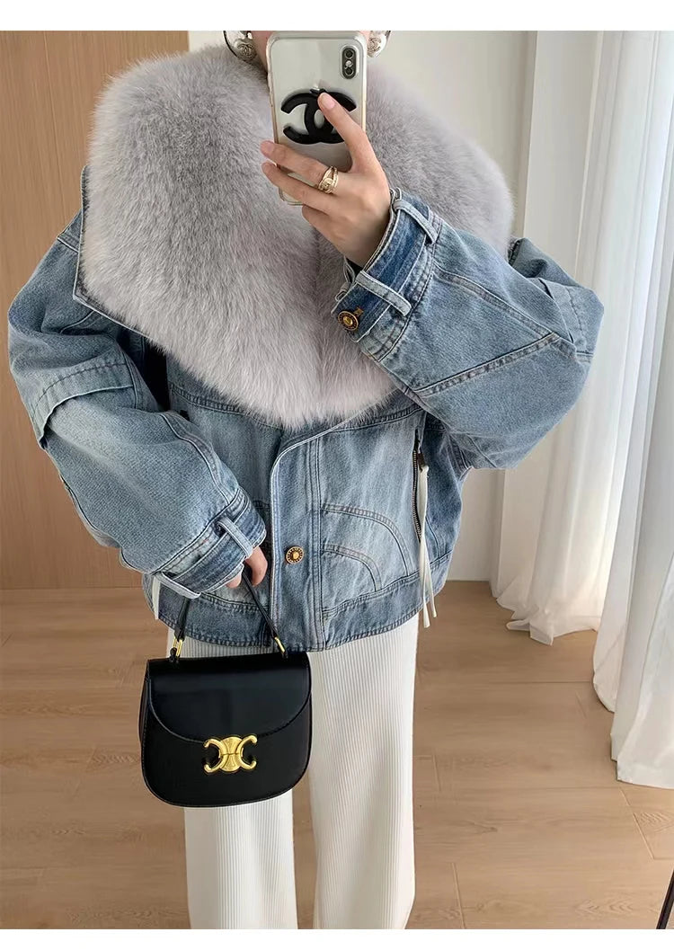 Denim Oversized 100% Real Fox Fur Collar Short Women's Goose Down Puffer Jean Jacket
