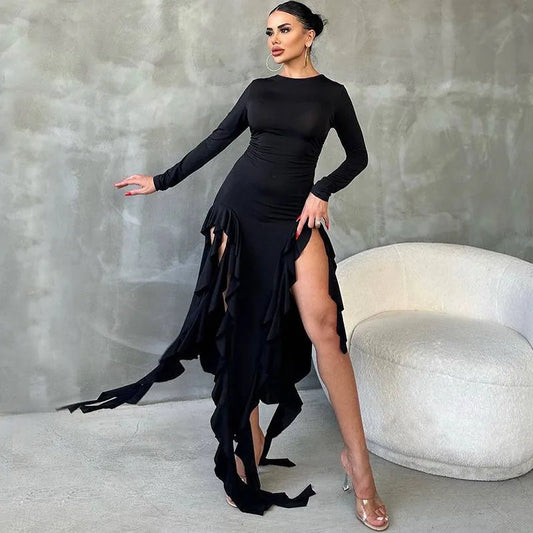 Tassel Fringe Ruffled Solid Color Long Sleeve High Slit Dress