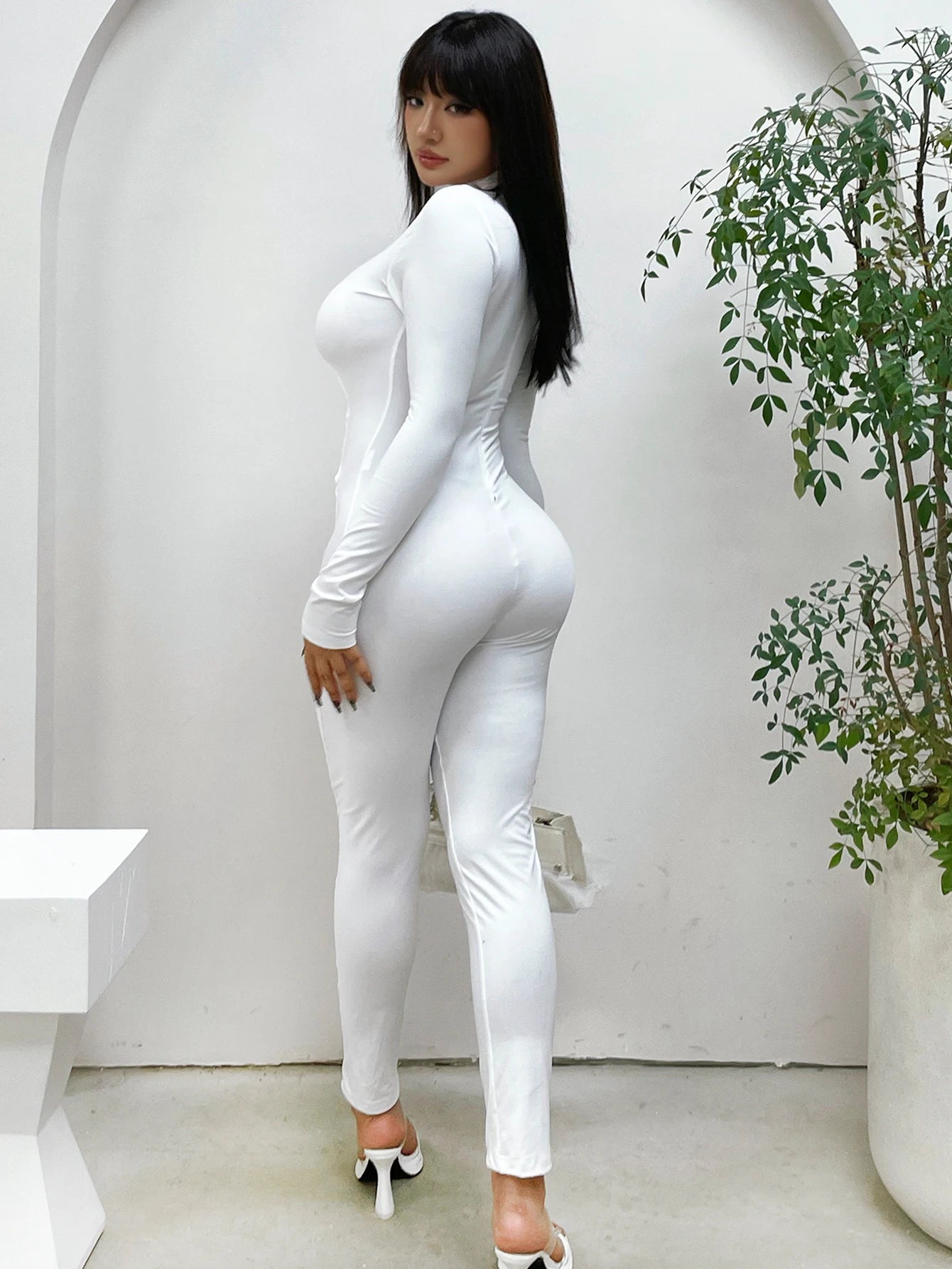 Metal Ring Detail Turtleneck Hollow-Out Long-Sleeve Solid Color Women's Jumpsuit