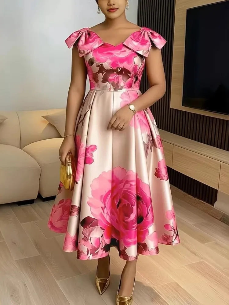 Satin Bowknot Strap Rose Floral Design Short Sleeve Flared Formal Dress