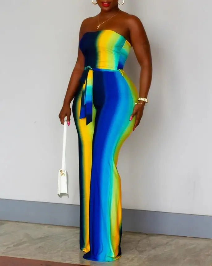 Blue/Yellow Ombre Colorblock Rainbow Striped Sleeveless Strapless Wide Leg Tube Top Sash Belted Women's Jumpsuit