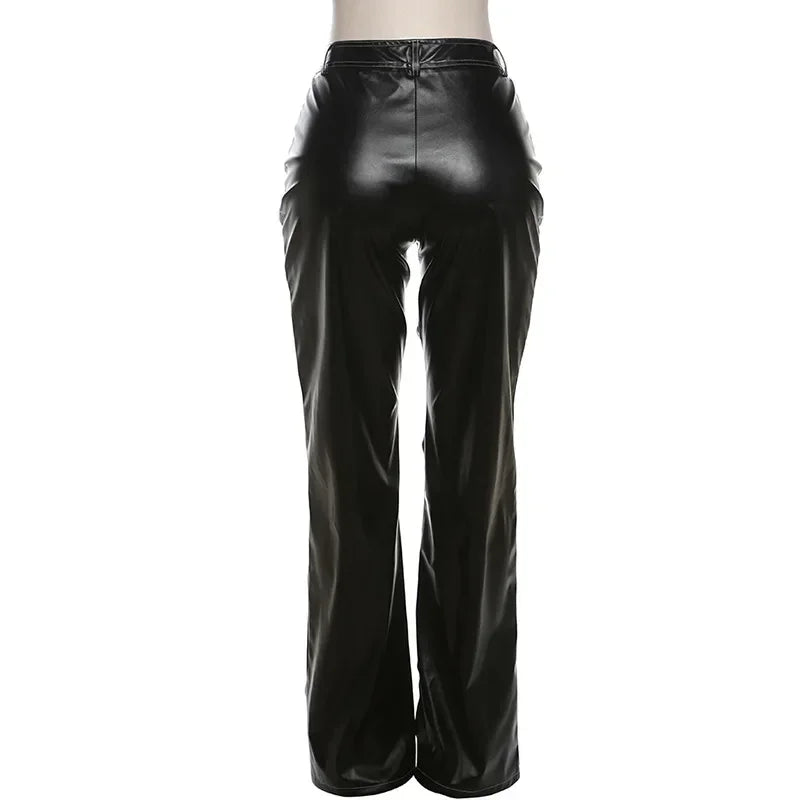 PU Leather Criss Cross Design Hollow-Out Straight Wide Leg Women's Trouser Pants