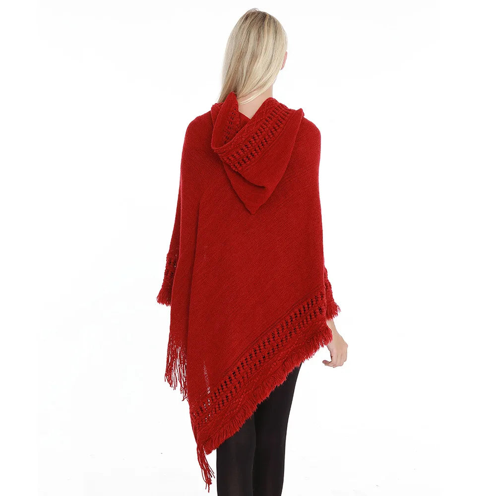 Fringe Tassel Women's Knitted Hooded Crochet Shawl Wrap Sweater