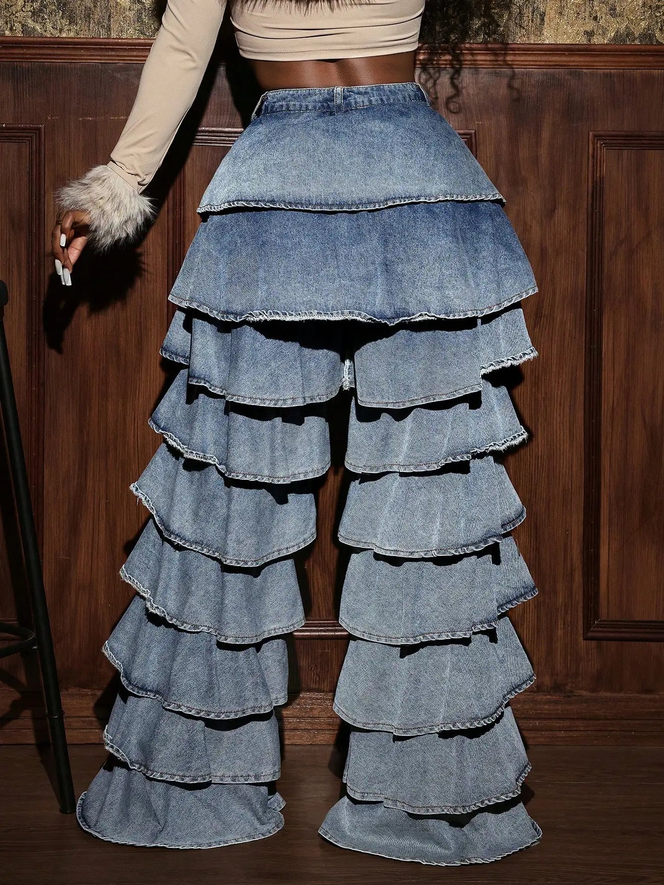 Denim Tiered Ruffled Layered Wide Leg Women's Streetwear Jeans