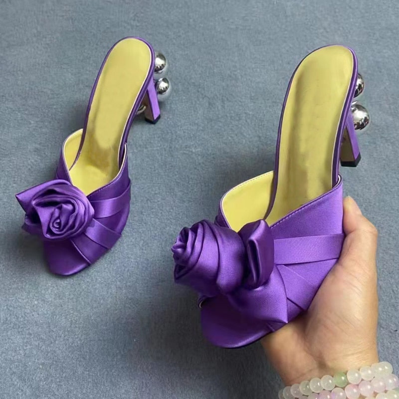 Satin Flower Bow Gladiator Open Toe Mule Sandals