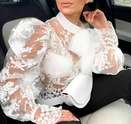 Vintage White Lace Mesh Bow Puff Sleeve Blouse