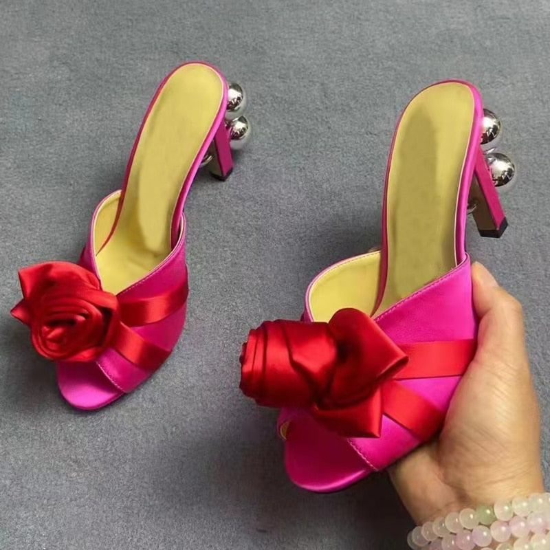 Satin Flower Bow Gladiator Open Toe Mule Sandals