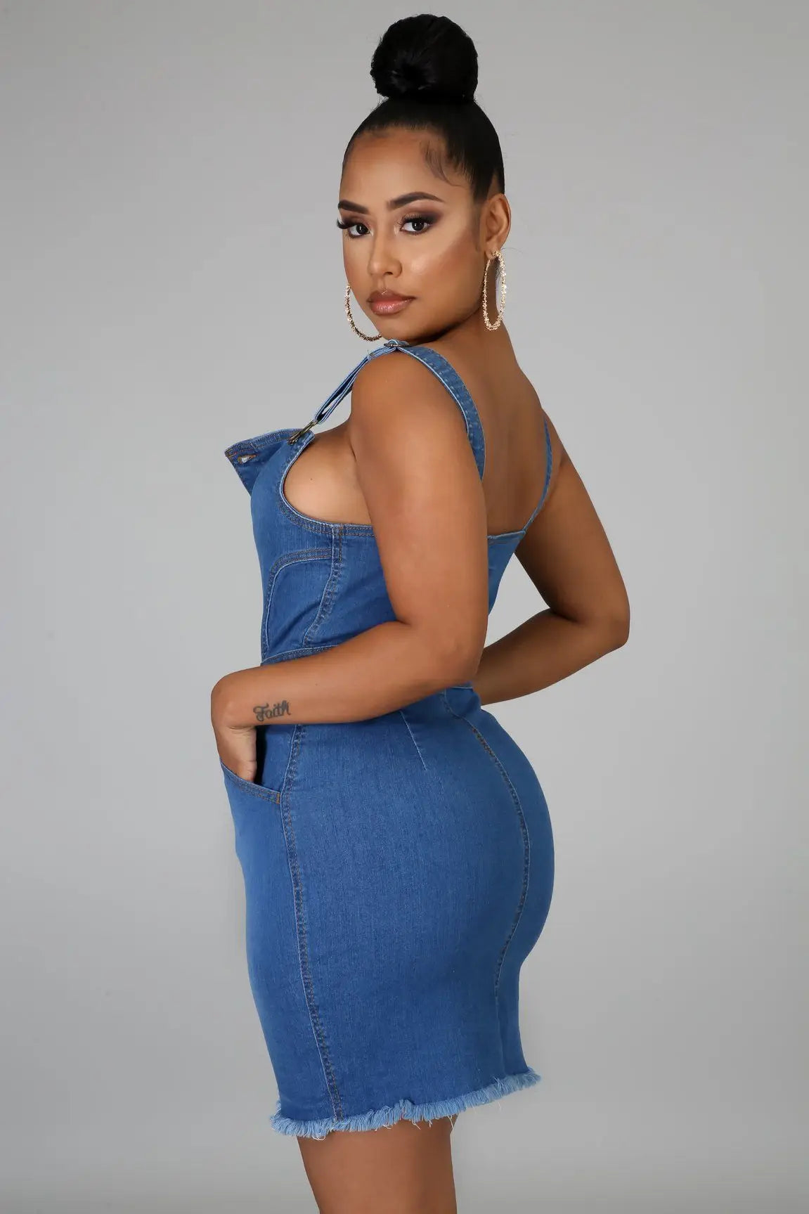 Blue Denim Button Front Spaghetti Strap Bodycon Pencil Jean Dress