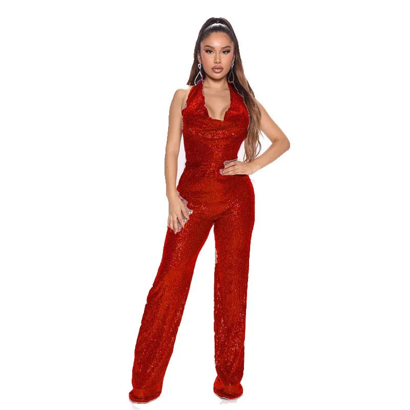 Sparkling Sequin Deep Plunge Neck Solid Sleeveless Wide Leg Jumpsuit